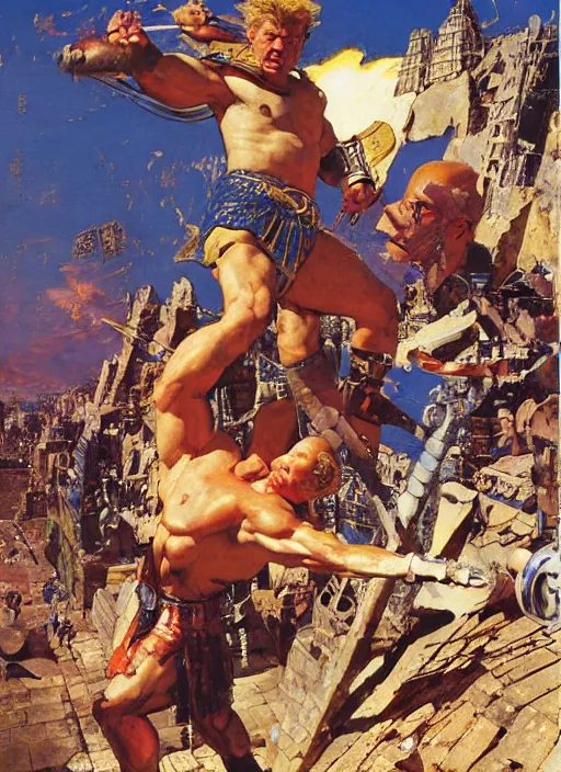 Prompt: huge warrior jocko willink vs godlike achilles at the walls of troy, dynamic action science fiction, by john berkey and lawrence alma tadema and rick berry and norman rockwell and jack kirby