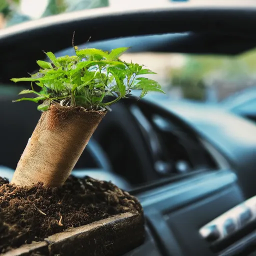 Prompt: small plant on a car back seat, photograph