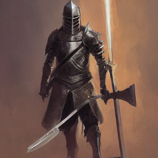 Prompt: a knight with sword and fork in hands by greg rutkowski