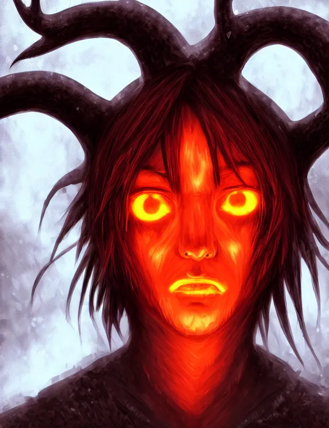 Prompt: a detailed manga portrait of a pitch black demon boy with dark antlers and crimson hair and glowing orange eyes, trending on artstation, digital art, 4 k resolution, detailed, high quality, sharp focus, hq artwork, coherent, insane detail, character portrait