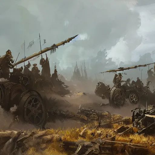 Image similar to jakob rozalski artstyle, steam punk war scene