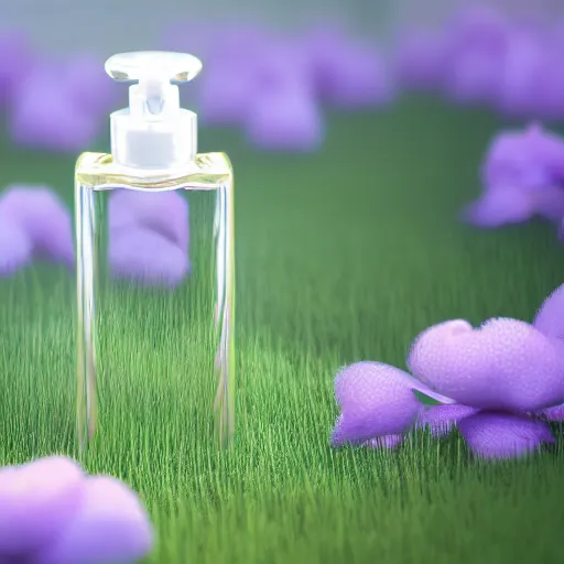 Prompt: perfume bottle in a magical flower garden green grass soft femme, softly - lit, highly detailed, realistic, up close shot, unreal engine, f 2 0