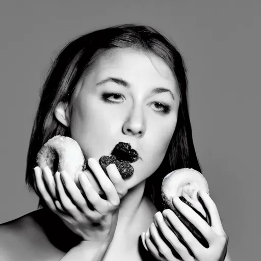 Image similar to a pretty mime girl eating a huge donut, dramatic lighting, chiaroscuro