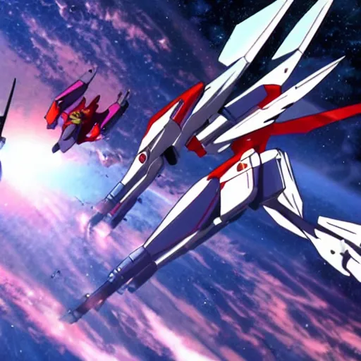 Image similar to cinematic scene of evangelion gundams fighting in space