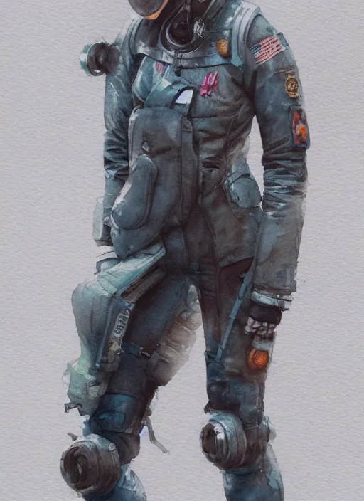 Image similar to full body concept art watercolor of a female pilot, watercolor painting, stunning, featured on artstation, cinematic lighting, hyperdetailed, cgsociety, 8k, dramatic, dark atmosphere, alluring