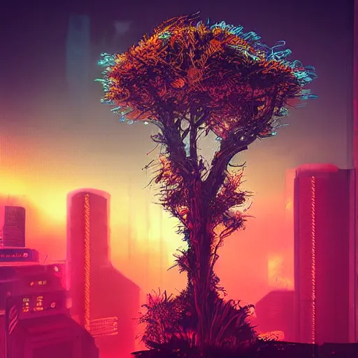 Image similar to “ the burning bush, cyberpunk art by vincent lefevre, behance contest winner, altermodern, cityscape, synthwave, matte painting ”