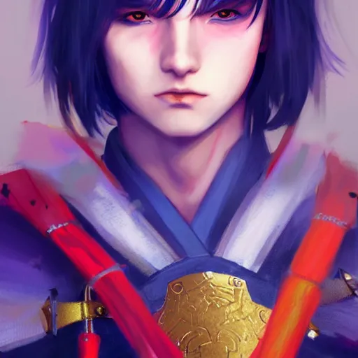 Image similar to colorful and Festive Captivating teenager boy with straight indigo japanese hair, purple eyes, red eye markers, wearing japanese traditional combat clothes with golden armor pieces. rich vivid colors, ambient lighting, dynamic lighting, 4k, atmospheric lighting, painted, intricate, highly detailed by Charlie Bowater