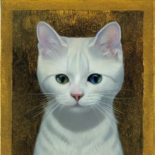 Prompt: portrait of a white cat with a black spot on head and blue eyes, intricate, elegant, highly detailed, smooth, sharp focus, illustration, art by gustav klimt