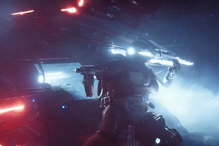 Image similar to VFX movie of a futuristic inhuman alien spacemarines in future spaceship, firing gun at space pirates detailed creature skin neon lighting by Emmanuel Lubezki