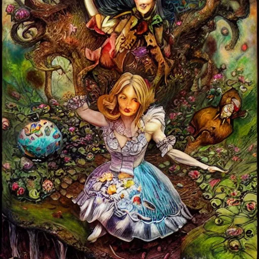 Image similar to alice in wonderland tripping on lsd, intricate detail, painting, royo, frazetta, whealan,