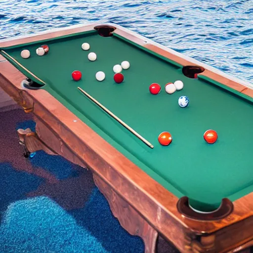 Prompt: a large billiards table in a small dingy floating on the ocean. extremely high detail. the sloop is on the ocean. the weather is bad and cloudy. professional lighting. 8 k