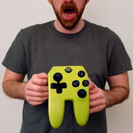 Prompt: the irate gamer holding an arti 2 5 0 0 controller looking pissed off high resolution photo