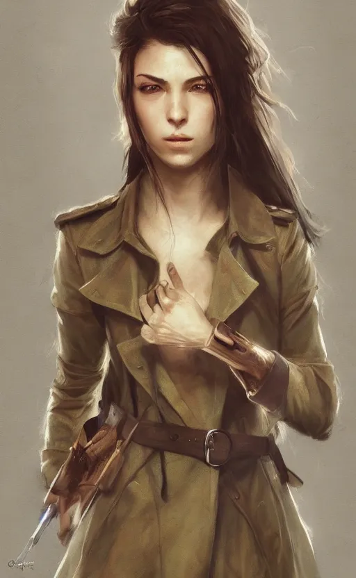 Image similar to upper body portrait of a girl from final fantasy live action, with short black hair and green eyes in a tan trenchcoat, award winning, masterpiece digital painting by greg rutkowski, alex grey, artstation, 4 k wallpaper,