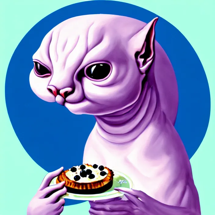 Image similar to a spherical anthropomorphic sphynx cat fursona with big eyes eating a slice of blueberry pie, round, fat, furry art, cute, oil on canvas, soft lighting