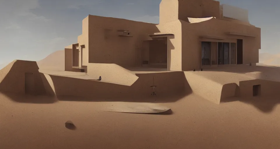 Image similar to contemporary house in the sahara desert, greg rutkowski, 4 k, matte painting, concept art, artstation