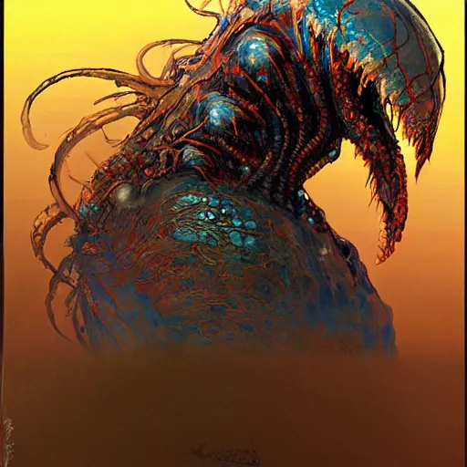 Image similar to a simple concept art portrait of a predatory alien species. an award winning yoshitaka amano digital art poster color painting. a masterpiece by james gurney. poster colour on canvas.