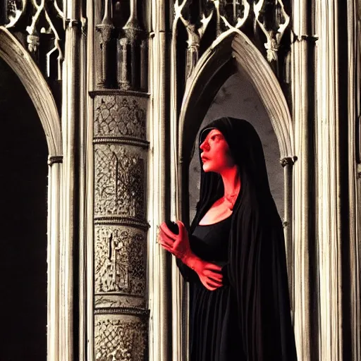 Prompt: movie shot, landcape, architectural shot, no decaying lines, background of an alabaster gothic cathedral, with long ephimeral windows with reflection of red flames, as subject a gothic woman with an intricate arabesque detailed black dressed, macro head face