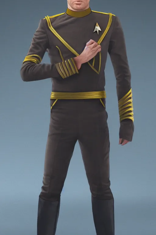 Image similar to full body digital portrait of scrawny captain james t kirk, starfleet uniform, star trek, malnourished, sensual, femmes, smooth, elegant, sharp focus, highly detailed