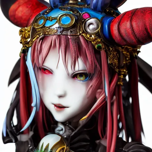 Image similar to by Yoshitaka Amano, by James Jean, by Good Smile Company, detailed resin anime sculpture of a 26yo female jester necromancer wearing a skull hat, close up dslr studio photograph, headshot, portrait, artstation, sci fi futuristic costume, mysterious temple setting, grim lighting