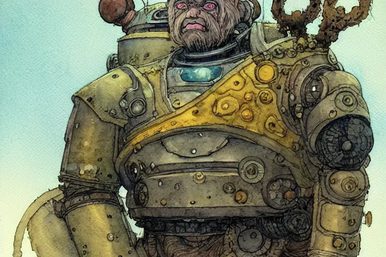 Image similar to a simple and atmospheric watercolour fantasy character concept art portrait of a mechanized android bulldog as a druidic warrior wizard looking at the camera with an intelligent gaze, very muted colors, by rebecca guay, michael kaluta, charles vess and jean moebius giraud