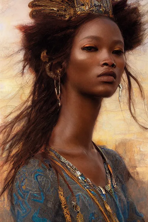 Prompt: a beautiful Zulu princess, hair flowing down, by Edgar Maxence and Ross Tran