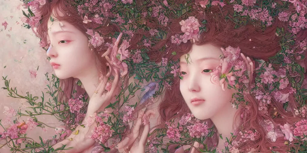 Image similar to breathtaking detailed weird concept art painting of the goddess of light pink flowers, orthodox saint, with anxious, piercing eyes, ornate background, amalgamation of leaves and flowers, by Hsiao-Ron Cheng, James jean, Miho Hirano, Hayao Miyazaki, extremely moody lighting, 8K