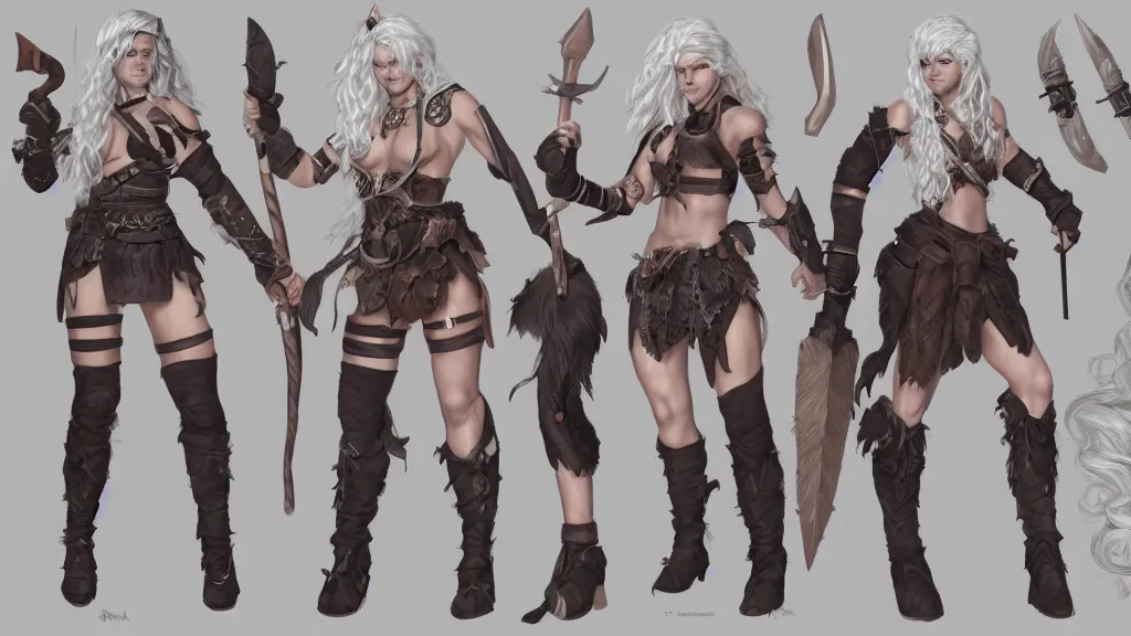 Image similar to a fantasy female barbarian with white hair character design sheet, trending on artstation