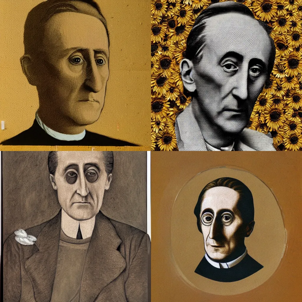 Prompt: a portrait of marcel duchamp made of sunflower seeds