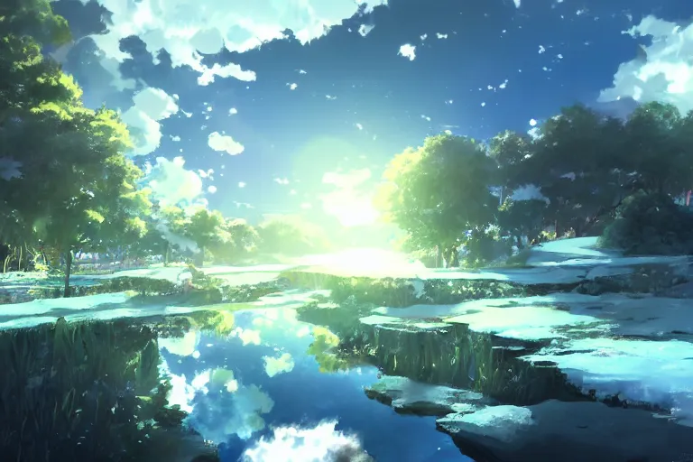 Prompt: cold majestic dream ice city heaven fantasy light refraction with nature | pixiv scenery art | volumetric lighting | makoto shinkai