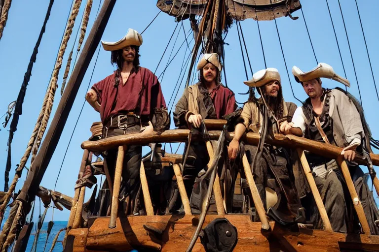 Prompt: closeup movie pirate crew on an old pirate ship, by emmanuel lubezki