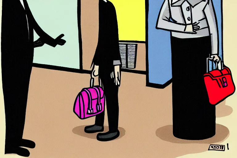 Image similar to tall, security guard checks the bags of a worried looking woman, art, satire