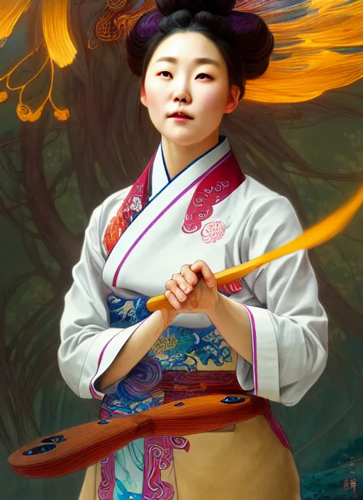 Prompt: character concept of a south korean female chef, wearing a beautiful hanbok inspired apron, holding magical kitchen knives, beautiful rivers of energy flowing in background, by peter mohrbacher and alphonse mucha and loish, 4 k, high resolution, intricate, hyperdetailed, photorealistic, artstation, smooth, sharp focus