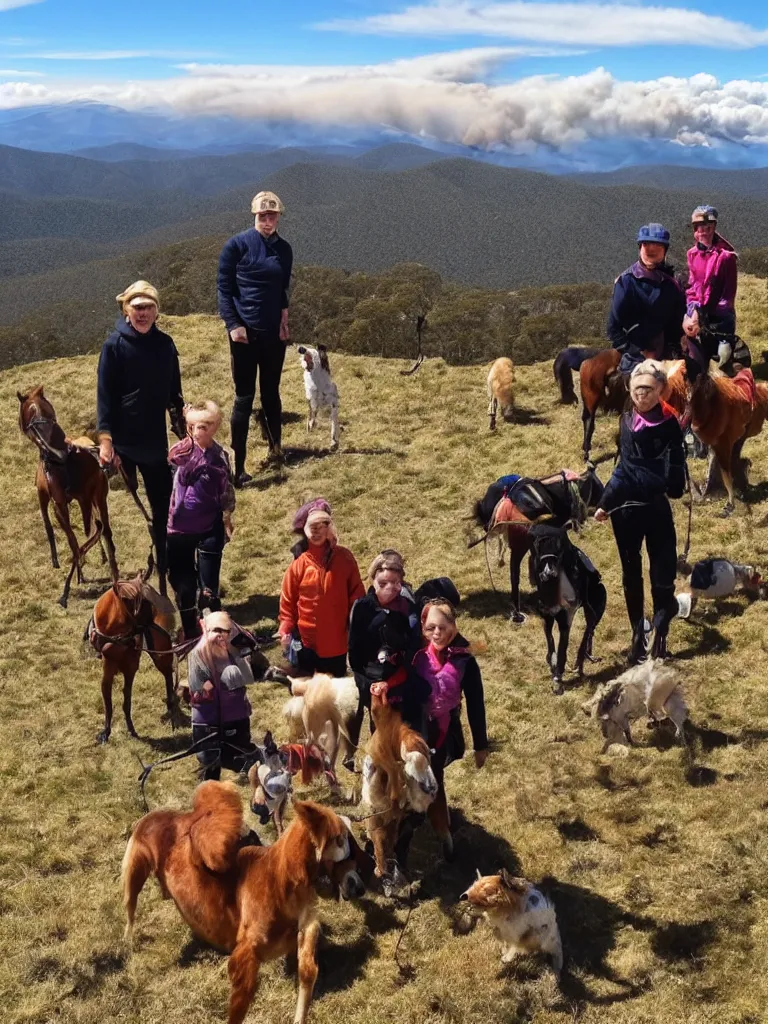 Prompt: the saalfield clan on top of mt bogong snow capped and on fire and light with a sound cloud above with horses, dogs coming out of it somewhere