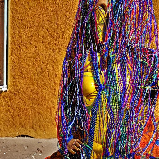 Prompt: A Moroccan woman wearing clothes made of RCA cables, portrait, Taschen, by Hiromix