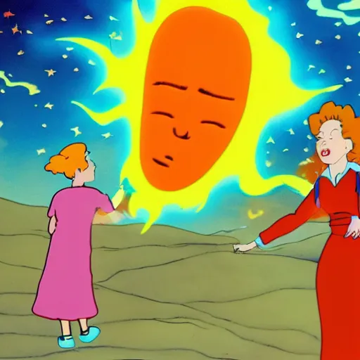 Image similar to screenshot of Ms. Frizzle accidentally ejecting a child into the sun, from The Magic School Bus (1994-1997), animated