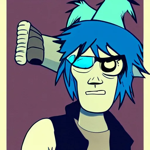 Image similar to 2 d gorillaz, a man with messy blue hair and no eyes, portrait, gorillaz style, jamie hewlett, semi - realistic, neutral expression