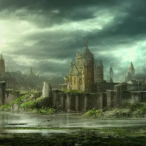 Image similar to a humongous city abandoned on the medieval highlands biome, digital art, wet reflections, intricate details, fantasy, hyper realism, humongous view, rtx, smooth, cinematic