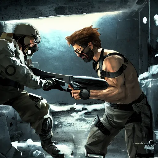 Image similar to Solid Snake from MGS and Gordon Freeman from Half-Life melee fight against each other on an abandoned military base, winter, very detailed, hyper realism, epic, close-up fight, digital art, concept art, illustration, artstation, cgi, 4k