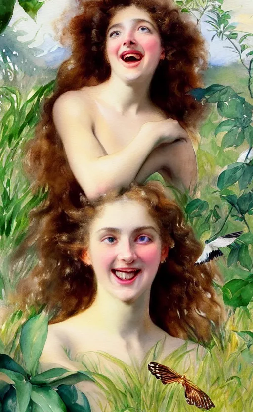 Image similar to the face of a young woman with marble complexion, angelic features, dancing curls around her face, her head raised in rapture, laughing, symmetrical eyes, watercolor by john singer sargent, background lush vegetation, insects and birds, 8 k uhd