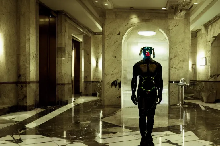 Prompt: cyborg - pitbull in a marble hotel lobby, in 2 0 5 5, y 2 k cybercore, industrial low - light photography, still from a ridley scott movie