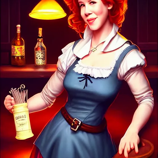 Image similar to a portrait digital painting of molly ringwald as a medieval bar maid in a tavern at night. painted by artgerm, ross tran.