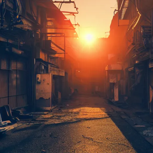 Prompt: the ruin of a cyberpunk japanese city, sunset, warm light, alleyway