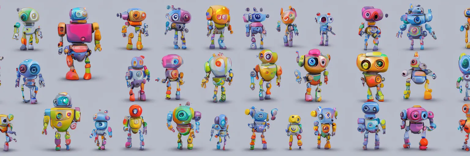 Prompt: concept sheet of cute colorful 3 d family robot characters for kids assisting a concept machine style by miyazaki, big eyes, simple smooth shapes and forms, reflective like candy, masterpiece, award - winning, intricate concept art, 8 k, artstation