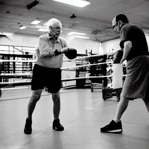 Prompt: senior citizens boxing in Walmart, 35mm film