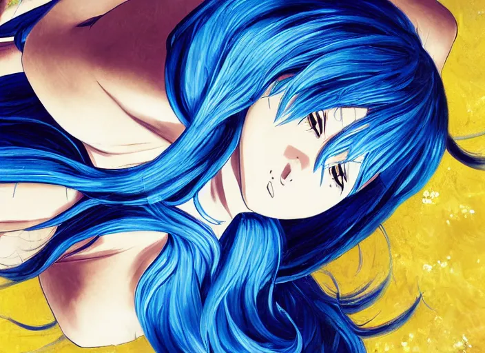 Image similar to a woman with blue hair laying on the ground with her head down, a detailed painting by rei kamoi, featured on pixiv, space art, official art, anime, toonami