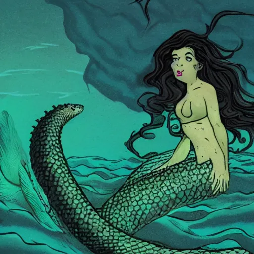 Image similar to a mermaid with a long eel tail in place of legs that is covered in algae and seaweed while she swims toward the ocean floor accompanied by a very threatening sea monster