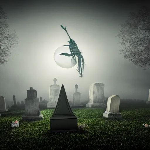 Image similar to dark fantasy, beetlejuice flying out of grave in cemetery, foggy moonlit night, cinematic, true color, textured 3 d, intense detail, hyperealism, 4 k