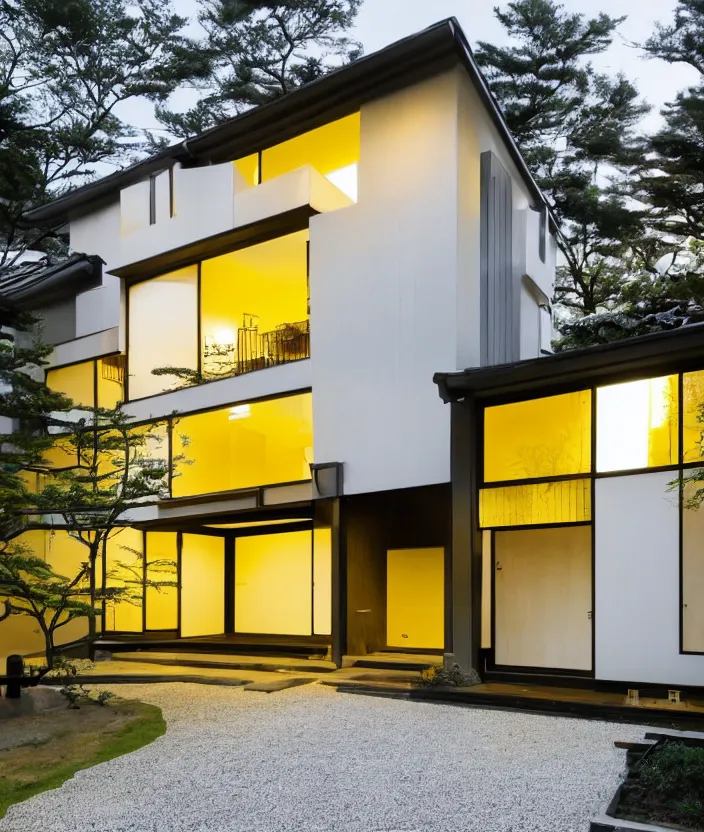 Prompt: photo of the exterior of a japanese modern house with open lit doorways, dramatic lighting, smoke, ceiling fluorescent lighting, black and yellow colour palette