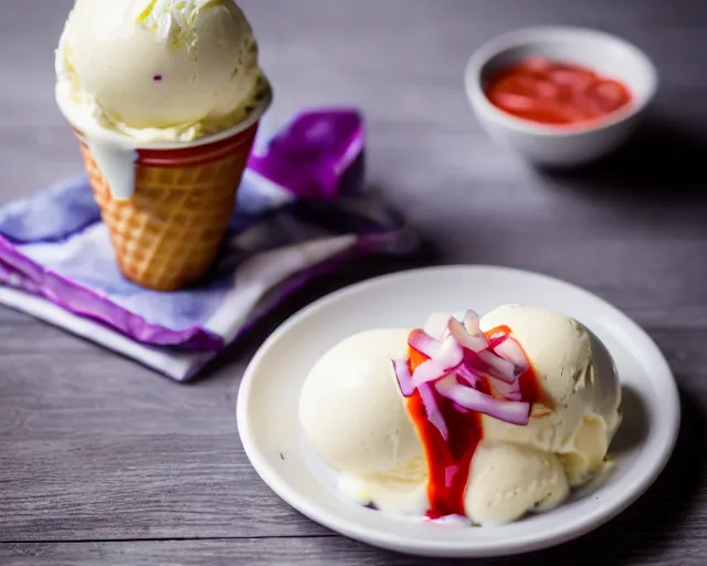 Prompt: dslr food photograph of vanilla ice cream with red onion and ketchup, 8 5 mm f 1. 4