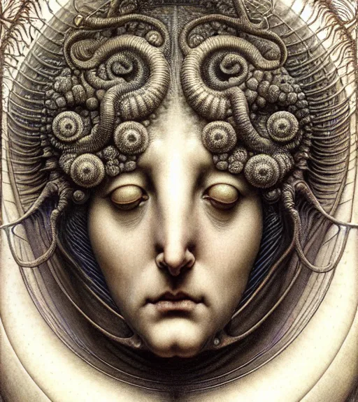 Image similar to detailed realistic beautiful nautilus goddess face portrait by jean delville, gustave dore, iris van herpen and marco mazzoni, art forms of nature by ernst haeckel, art nouveau, symbolist, visionary, gothic, neo - gothic, pre - raphaelite, fractal lace, intricate alien botanicals, biodiversity, surreality, hyperdetailed ultrasharp octane render